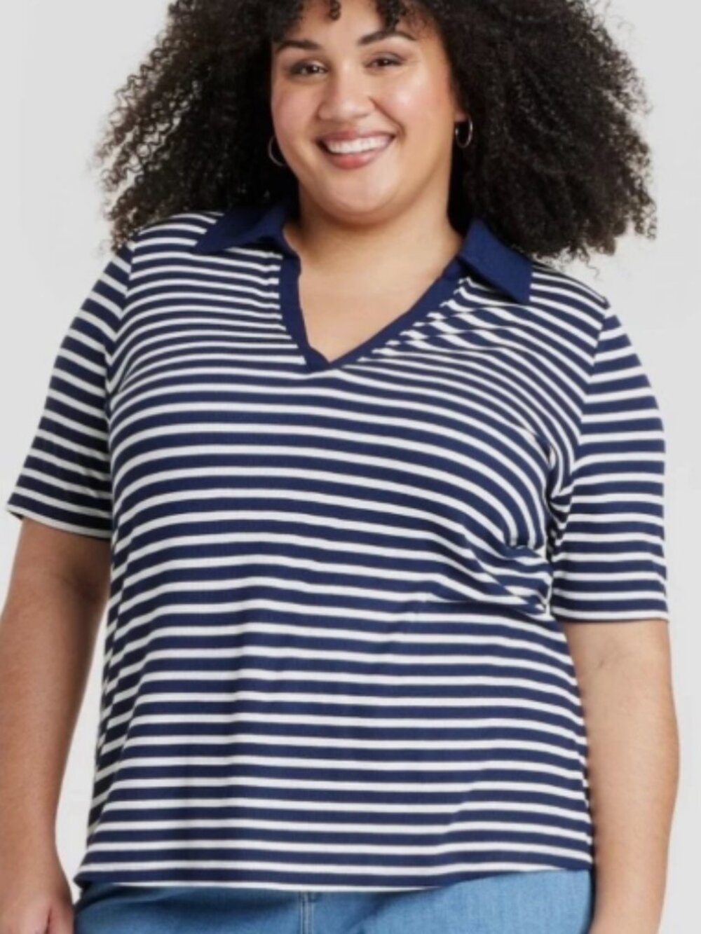 Ava & Viv Top Size Navy Stripe Short Sleeve Collared V Neck Nautical